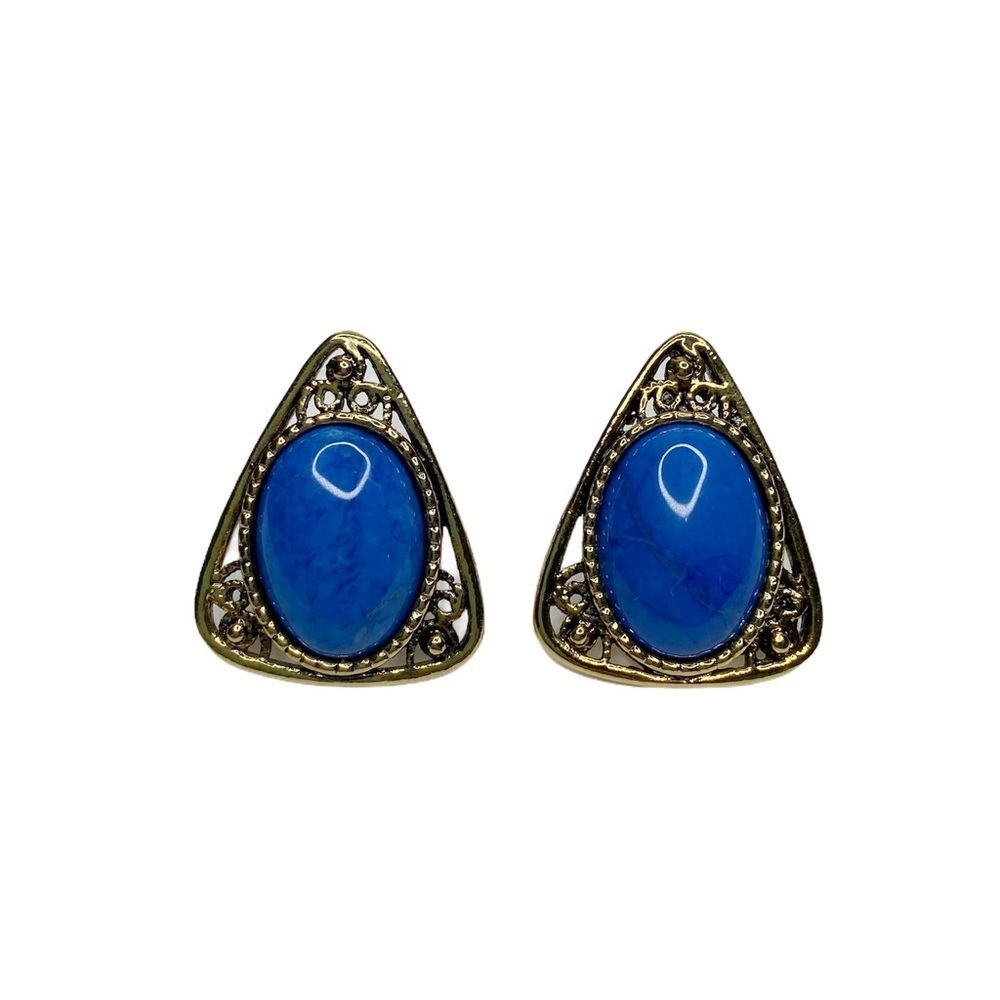 Faux Stone Antiqued Gold Triangle Dome Pierced Earrings